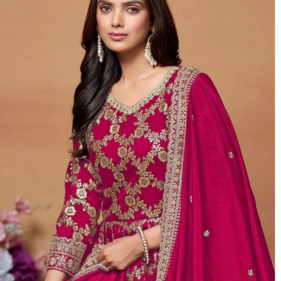 Pakistan Designer Embroidered Dola Jacquard Anarkali Suit – Wedding & Festive - Picture 3 of 4